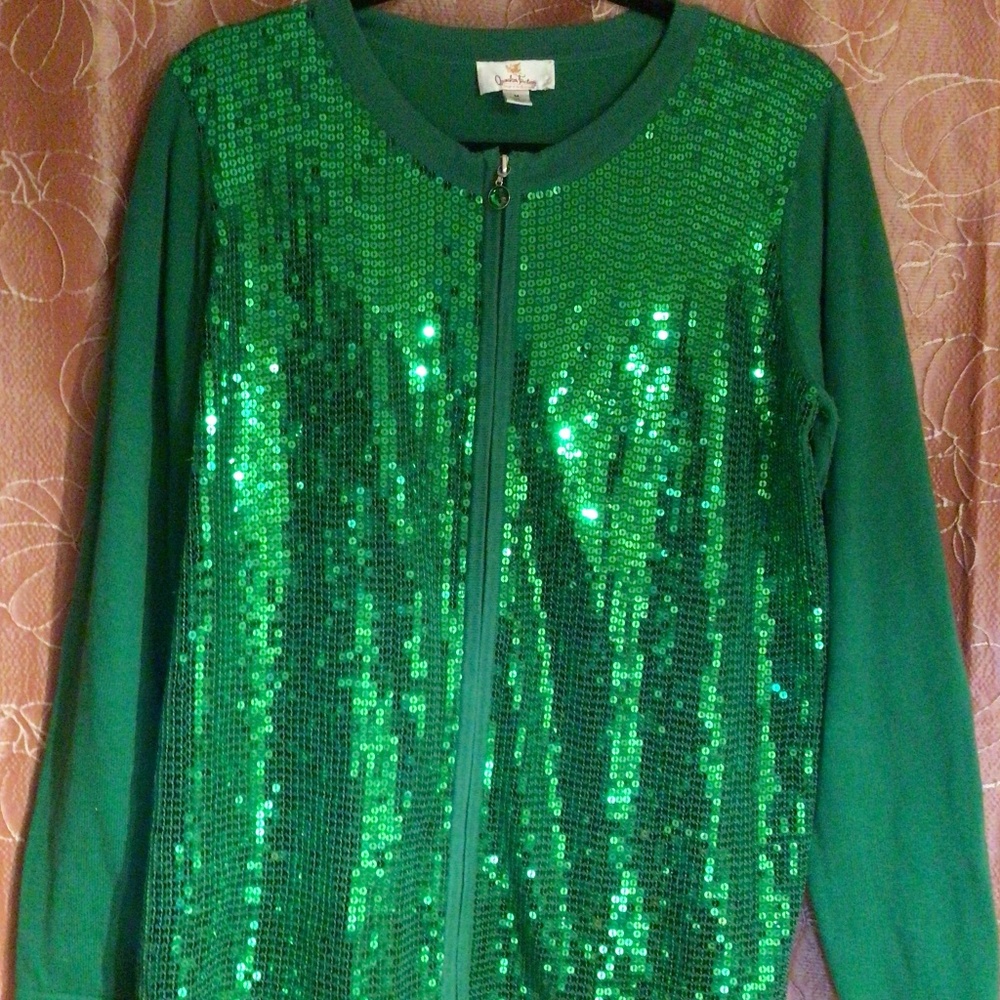 Quacker Factory Green Sequin Zip Cardigan for the Holidays Size M QVC